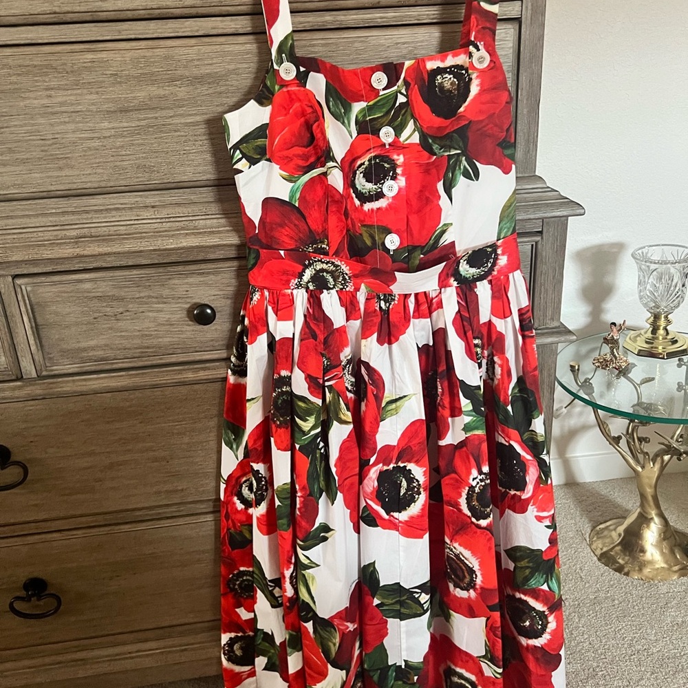 Dolce & Gabbana Red and White Floral Midi Dress